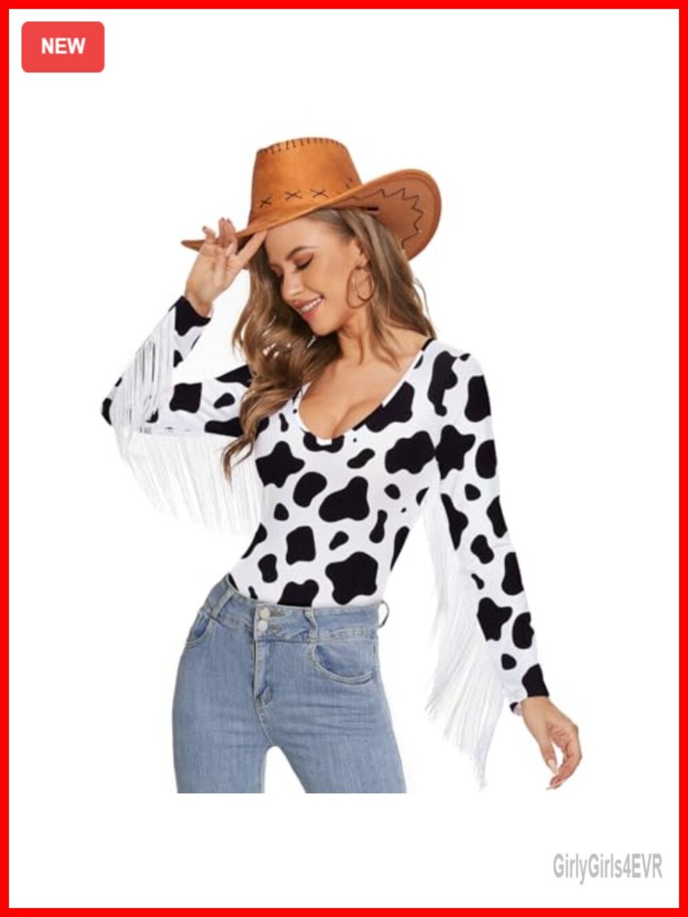 Fringe Trim V Neck Long Sleeve Bodysuit Snap Crotch Slim Fit Festival Top